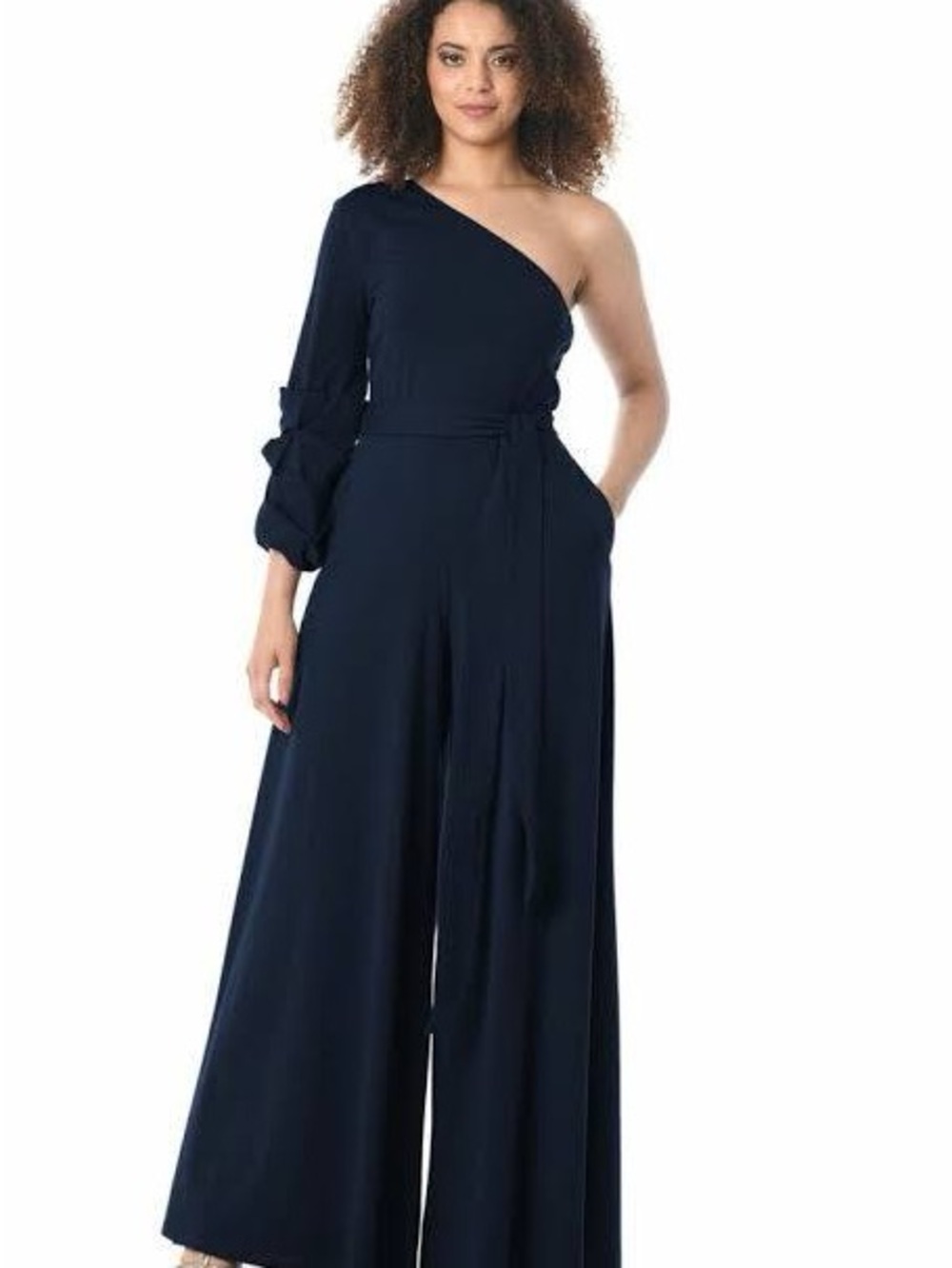 eShakti One-Shoulder Ruched Sleeve Navy Wide-Leg Tie Waist Jumpsuit Size L